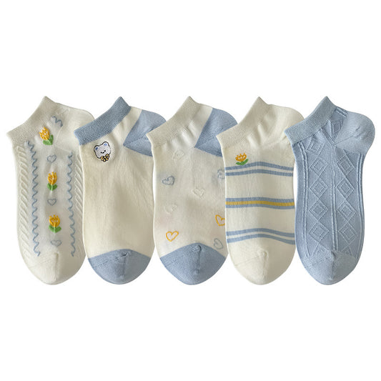 Shallow Mouth Socks Striped Embroidery Cartoon