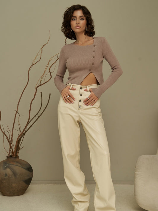 Straight Casual Button Leather Trousers For Women