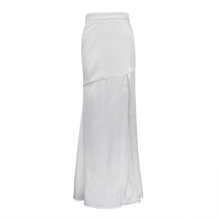 Spring New Elegant Graceful Solid Color Silk Satin High Slit Skinny Sheath Fishtail Skirt Ins