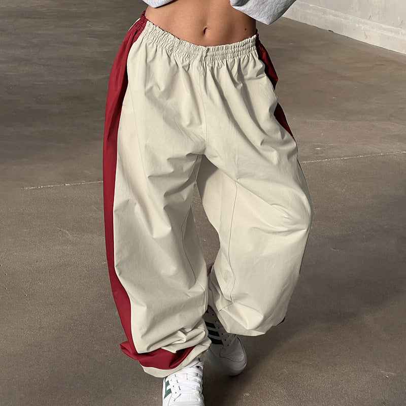 Cool Contrast Color Drawstring Ankle-tied American Casual Loose Woven Pants