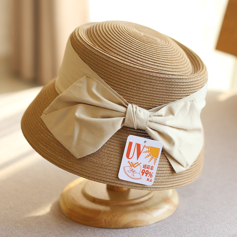 Concave Top Straw Woven Bucket Hat Cotton Bow