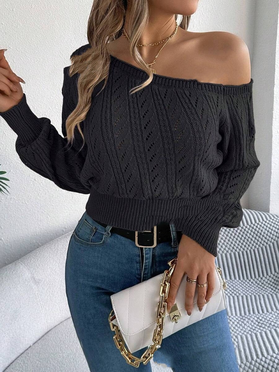 European And American Fashion Cable-knit Off-shoulder Short-length Long-sleeve Top