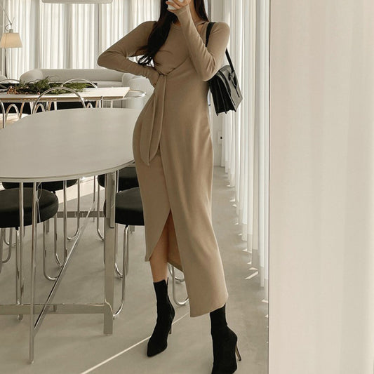 Slim Fitting Collarbone Style Mid Length Dress