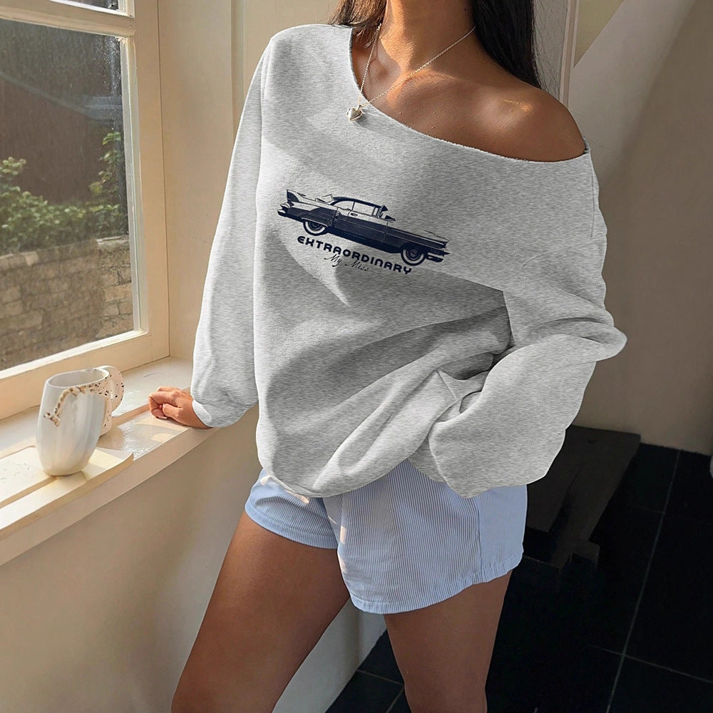 Oblique Shoulder Sweatshirt Women's Retro Print Loose And Versatile