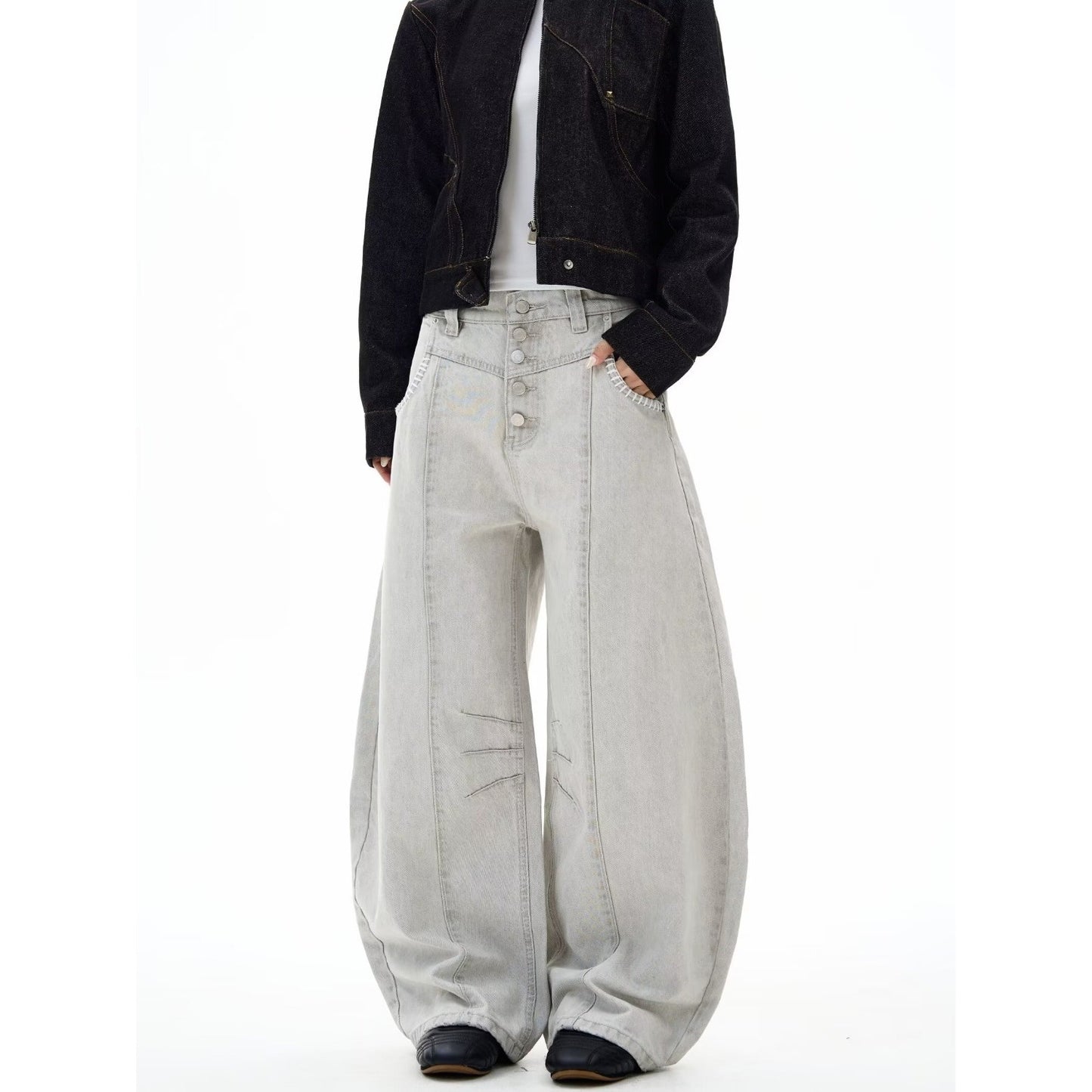 Ice-Feel Tencel Scimitar-Shape Wide-Leg Denim Jeans