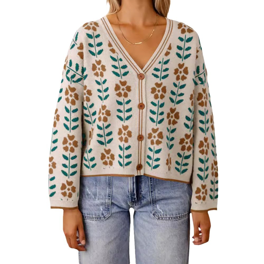 European And American Ladies Single-breasted Long Sleeve Flower Sweater