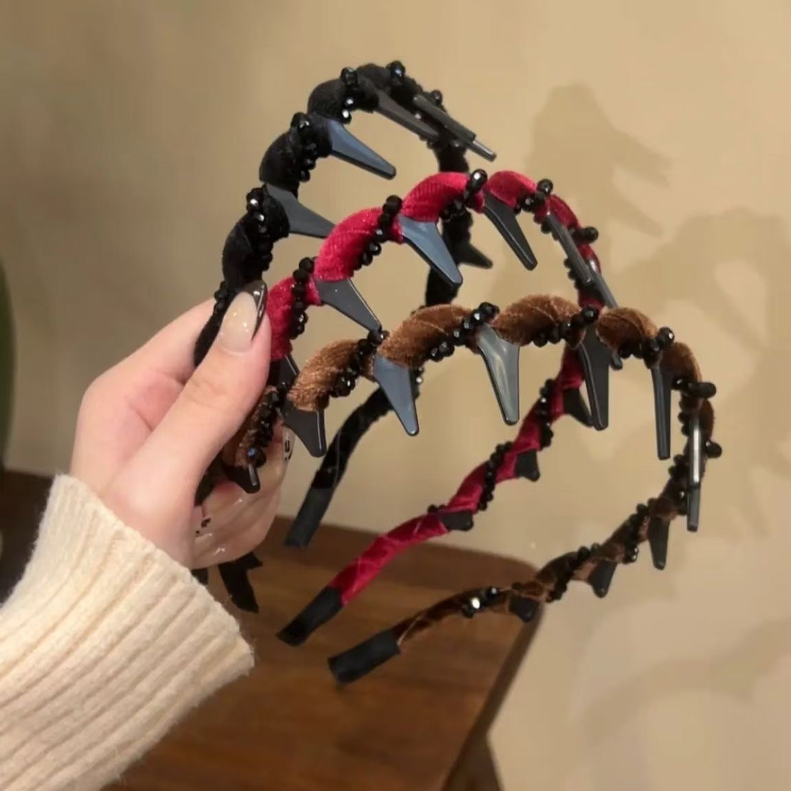 Velvet Rhinestone High Skull Top Wave Headband Female