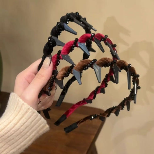 Velvet Rhinestone High Skull Top Wave Headband Female