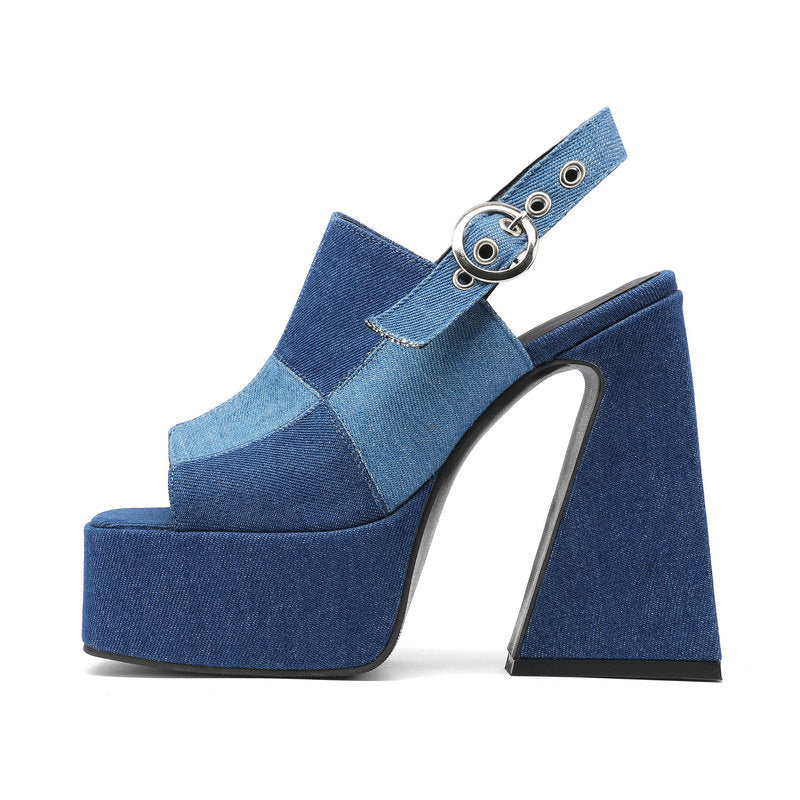 Thick Heel Super High Heel Denim Buckle Strap Peep Toe Sandals