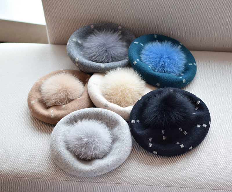 Elegant Woolen Gilding Beret Women's Korean Style Fox Fur Ball Vintage Painter Hat
