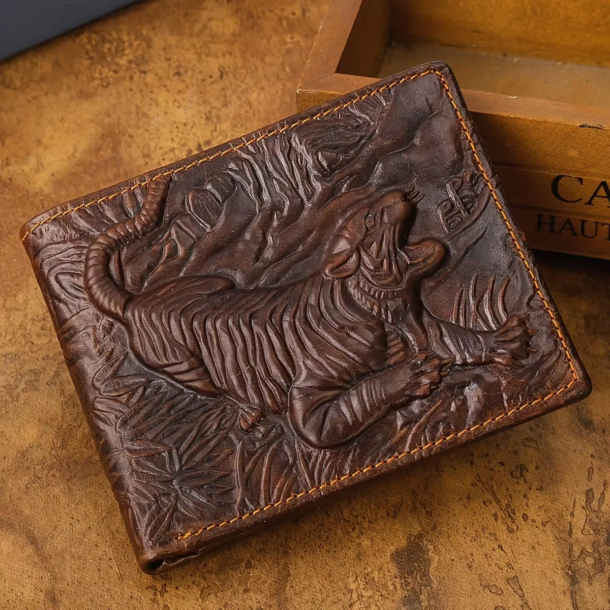 Men'S Vintage Genuine Leather Wallet 3D Printed Tiger Wallet Card Holder
