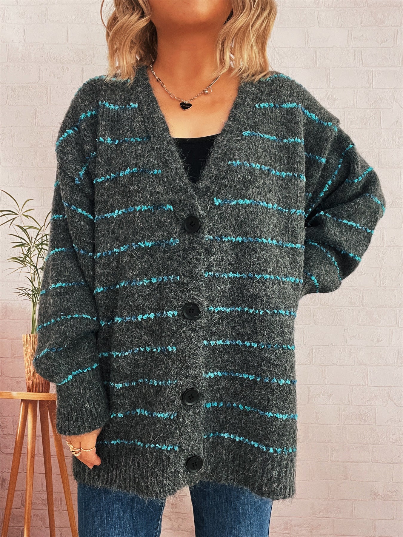 Retro Loose Striped Contrast Color Single-breasted Long Knitted Cardigan Sweater