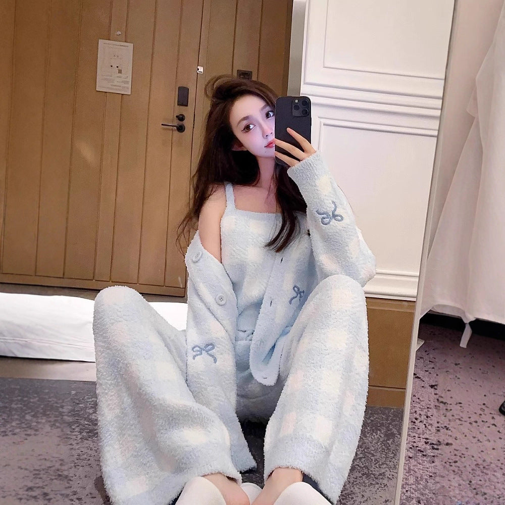 Womens Two-Piece Pajama Set Thin Fleece-Enhanced Loungewear For Spring And Autumn