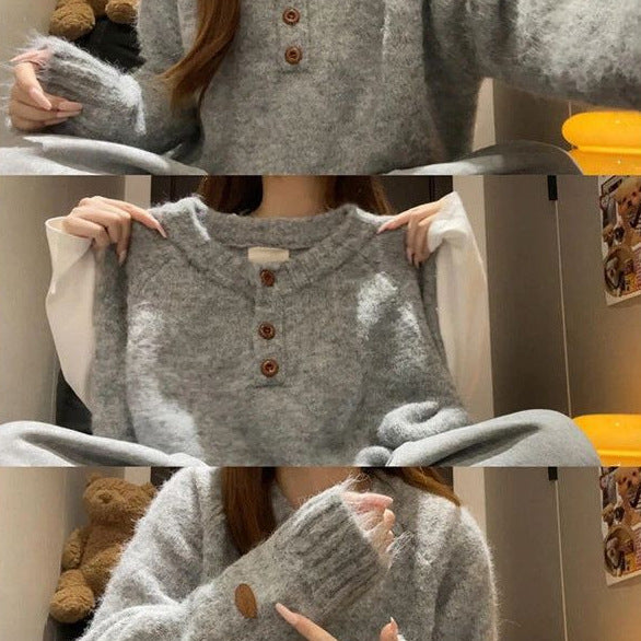 Korean-style Relaxed-fit Off-shoulder Crew-neck Cropped Sweater For Outerwear