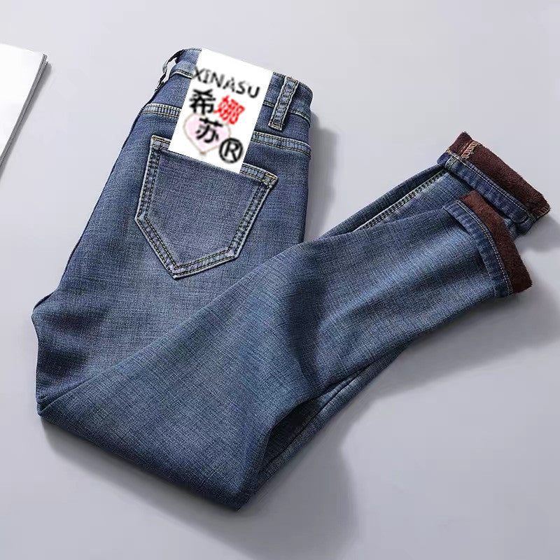 Women Velvet Jeans Stretch High Waist Winter Warm Pants