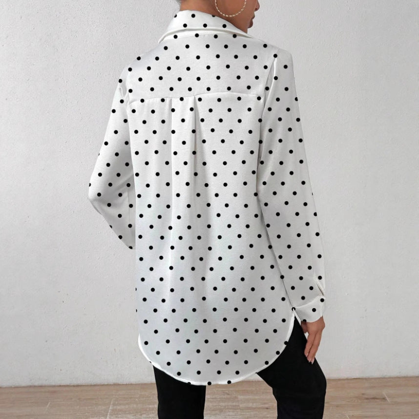 Womens Black And White Polka-Dot V-Neck Long-Sleeve Shirt