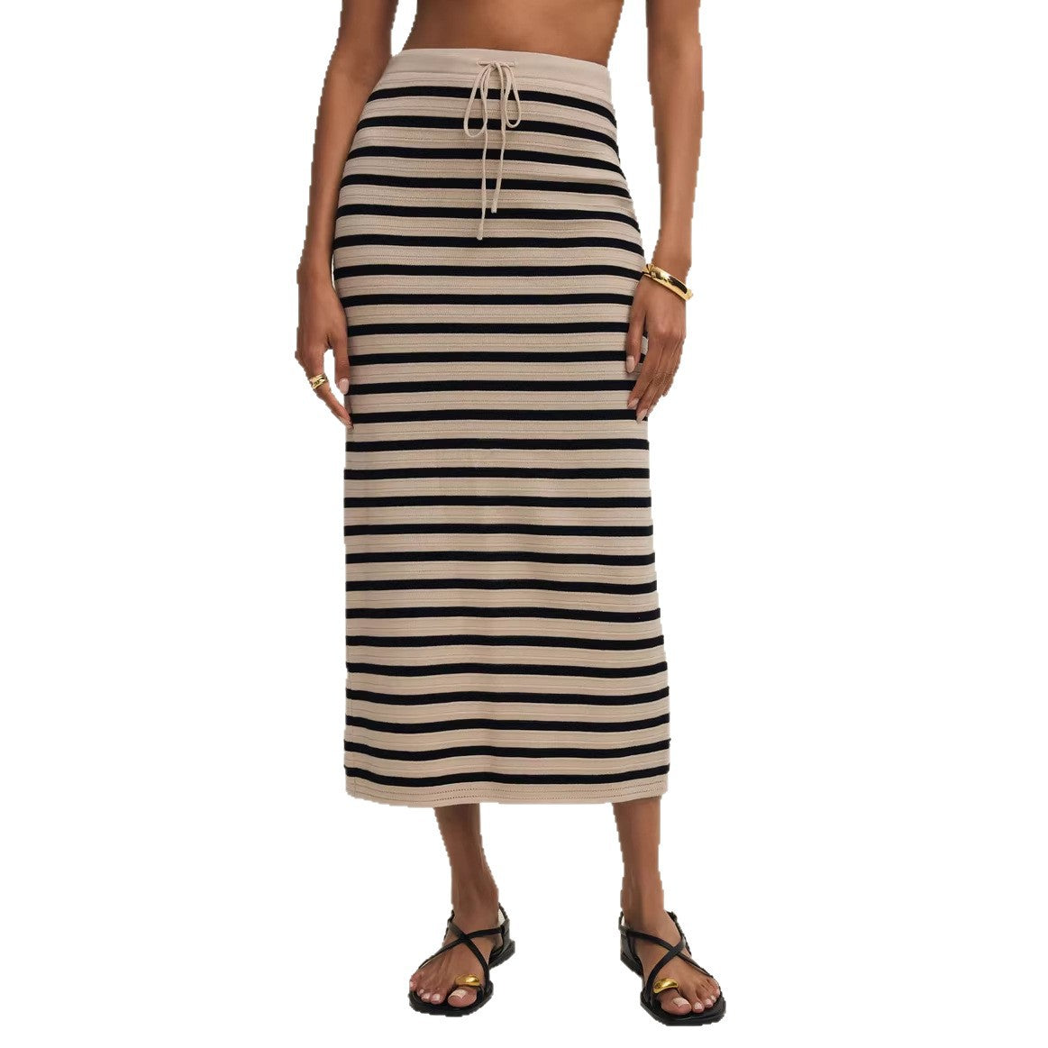 Striped Knitted Sleeveless Top And Slit Midi Skirt Set