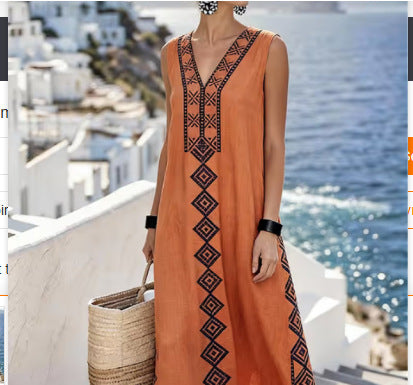 Printed Vacation-Style V-Neck Striped Sleeveless Dress