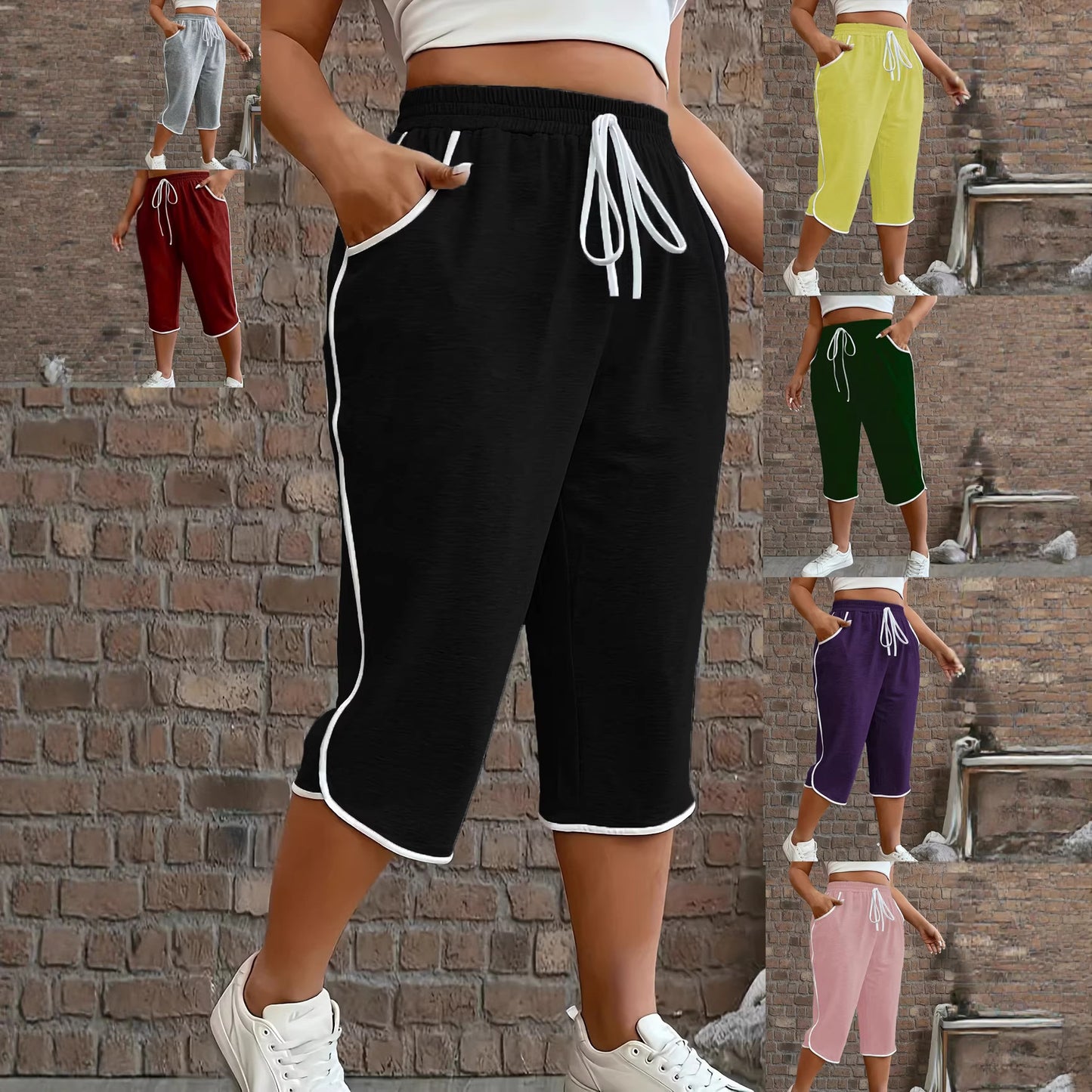 Womens Color-Block Comfortable Stretch Cropped Pants