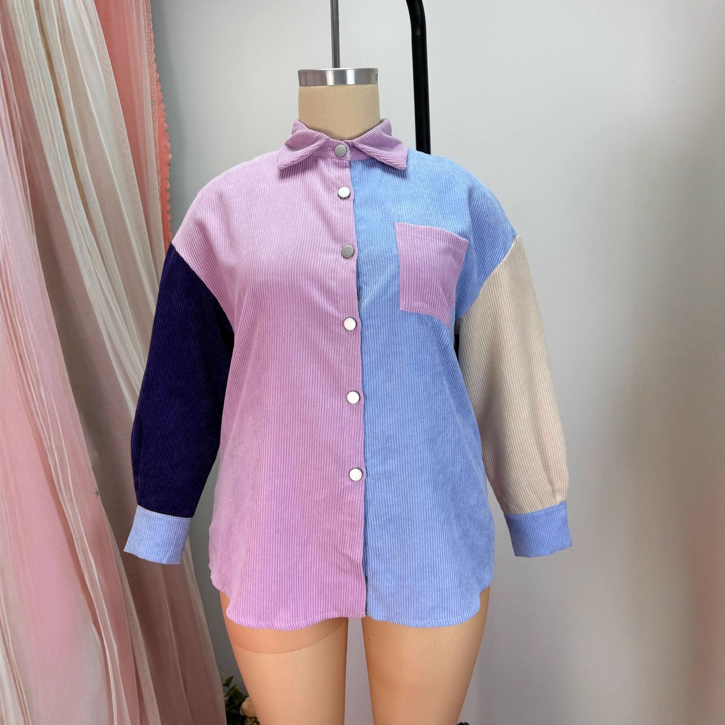Commuting Style Linen-cotton Color Block Loose Fashionable Long Sleeve Shirt