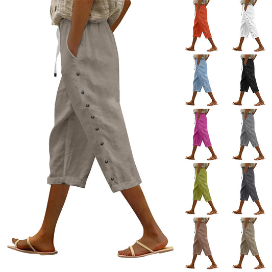 Casual Patchwork Button Cropped Pants For Women