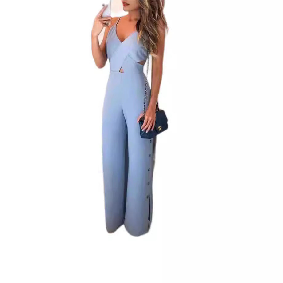 Ærmeløs udskåret camisole jumpsuit med høj talje og i ensfarvet slim-fit