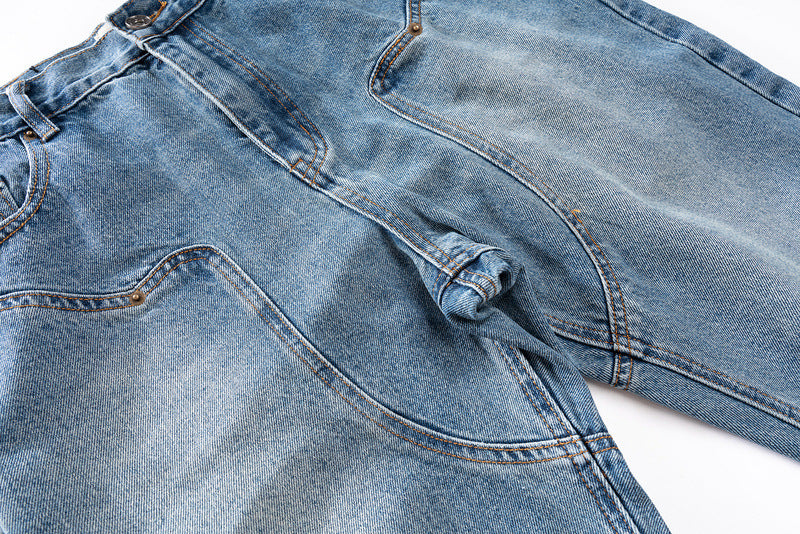 Make Straight Slim Jeans With Washed Old Blue Stitching