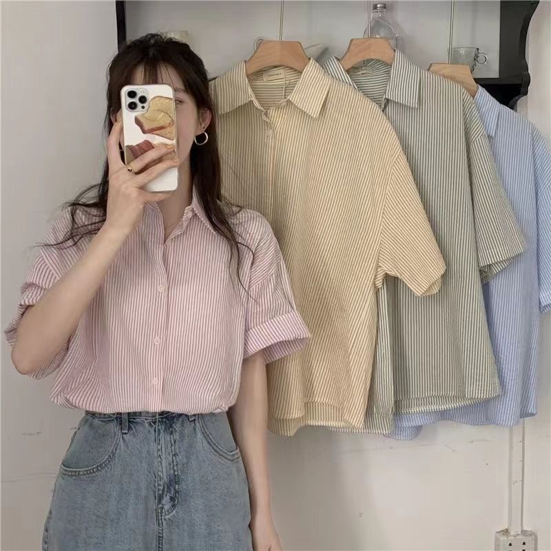 Women's Short-sleeve Blue Striped Shirt