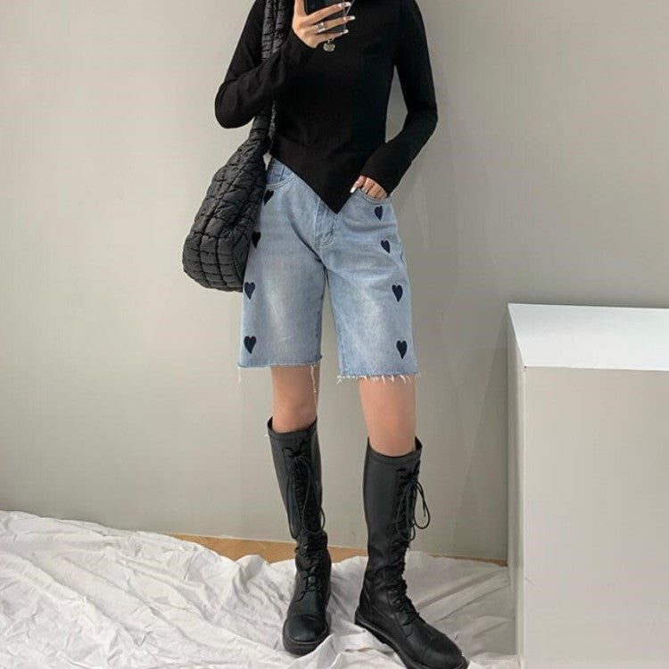 Jeans Women's New Loose Straight Five-Point Love High-Waisted Wide-Leg Pants