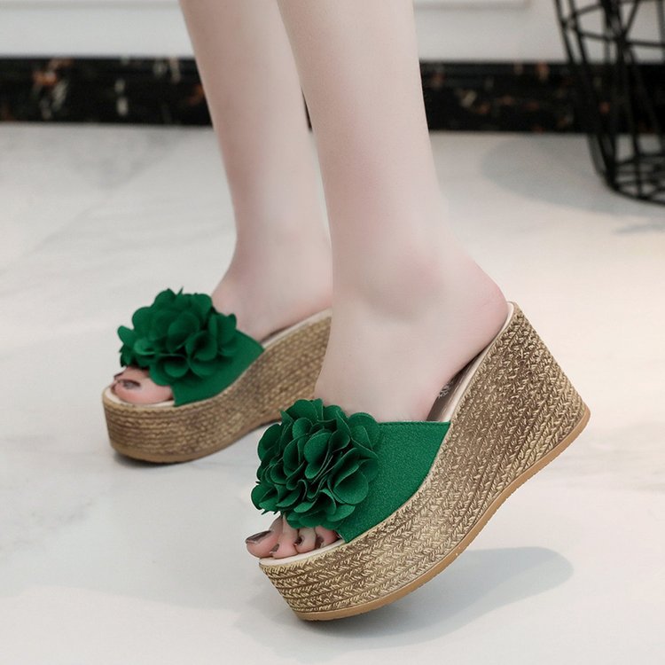 Fashion Summer Flower Outer Wear Thick Bottom Korean Style One-line Wedge Slippers