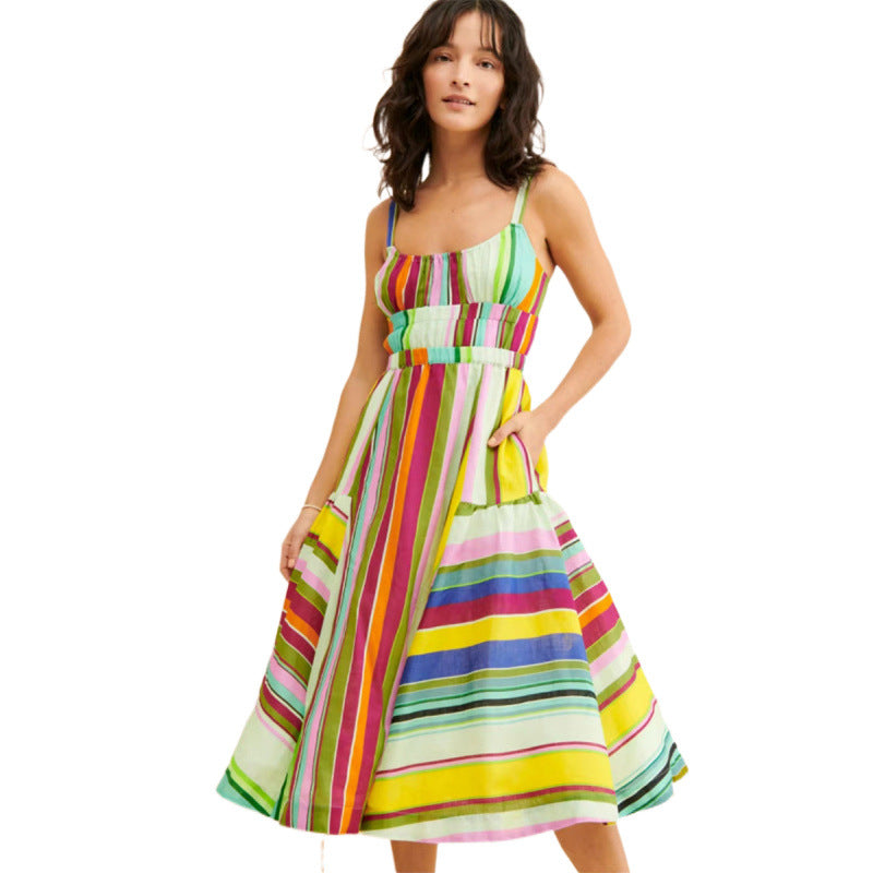 Women's Tassel-tied Colorful Striped Slip Dress
