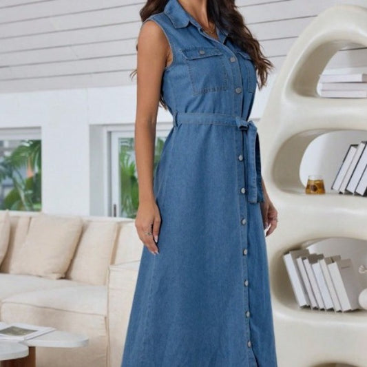 Womens Denim Dress With Belt And Front Buttons
