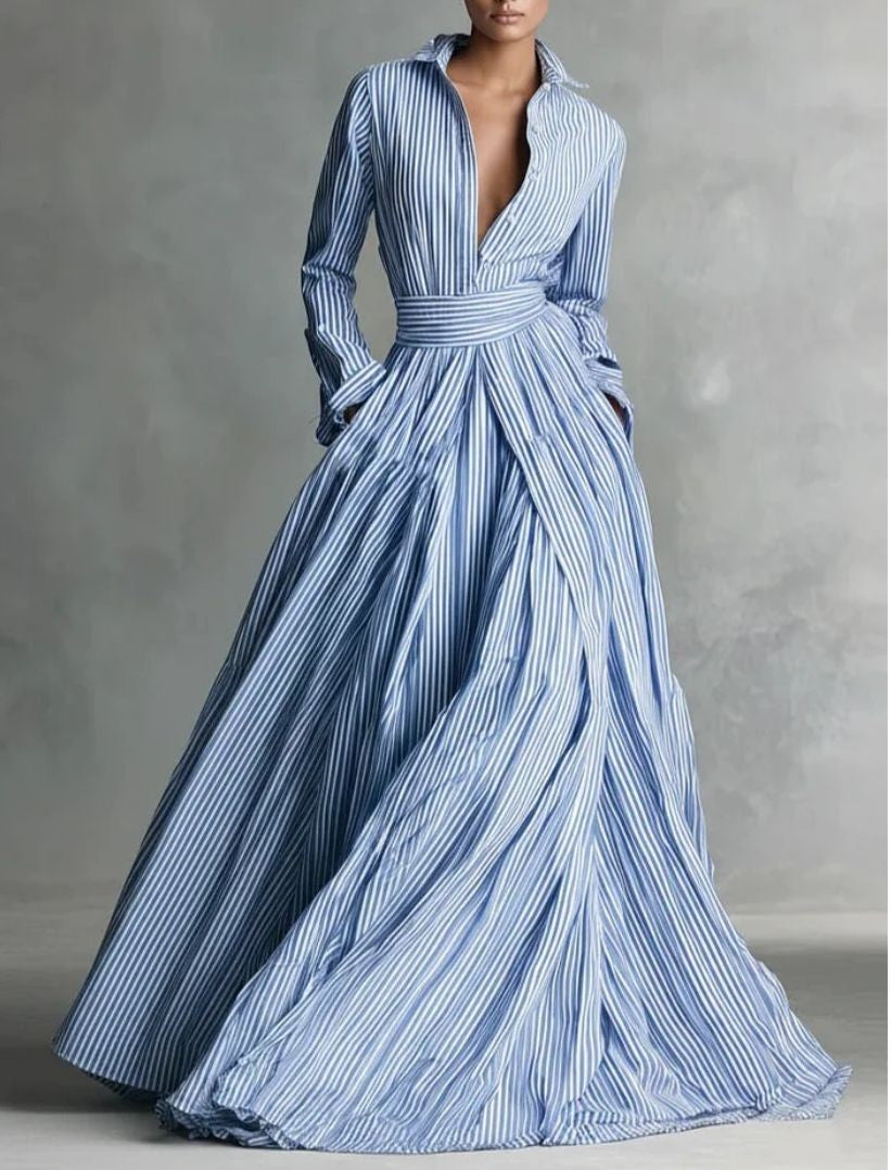 Womens Striped Long Stand-Neck High-Waist Loose Dress