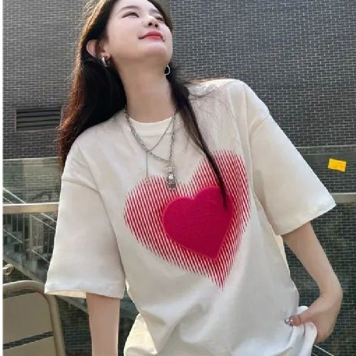 Womens Niche American-Style Heart-Print Short-Sleeve T-Shirt