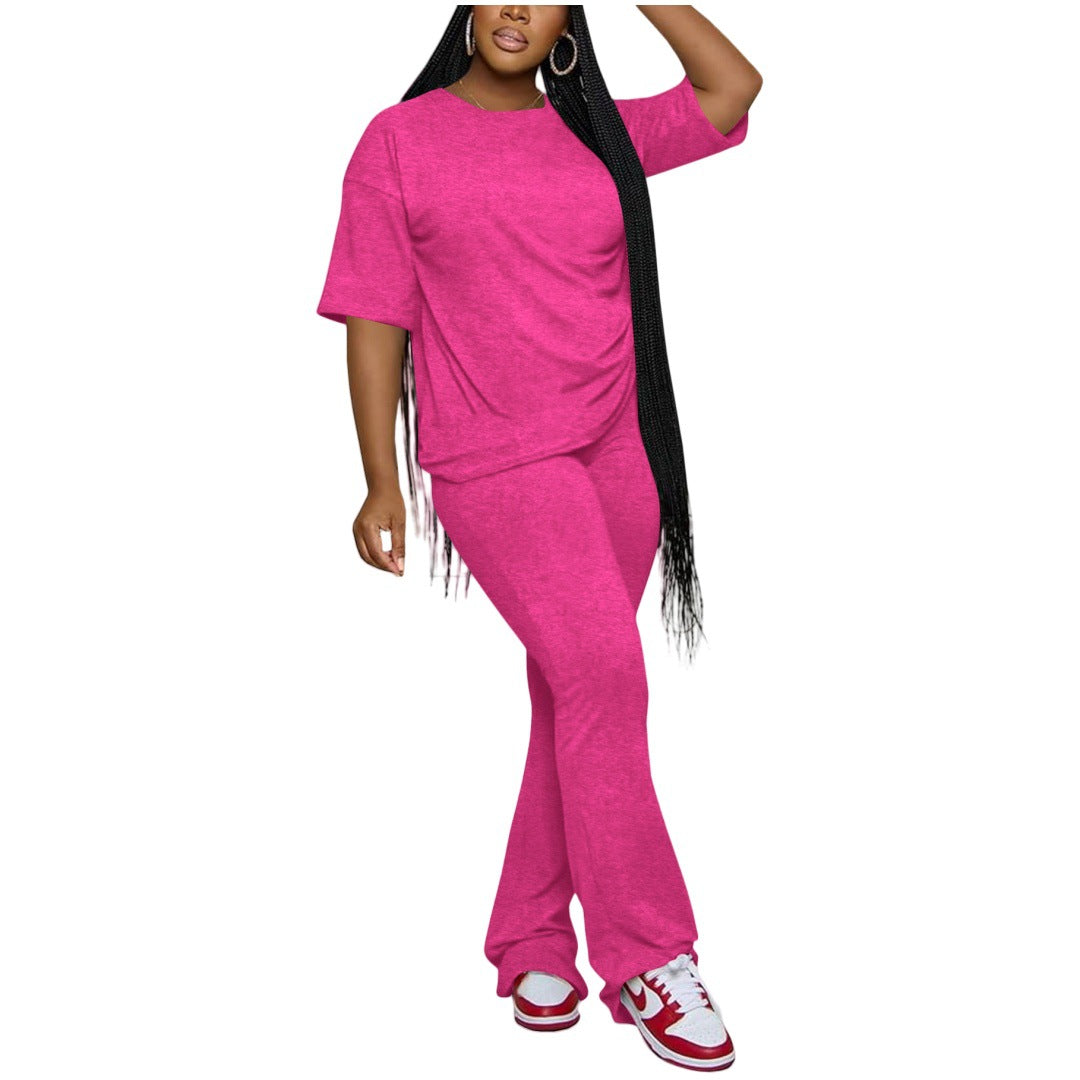 Casual Solid-Color Cotton-Like Crew-Neck Two-Piece Set