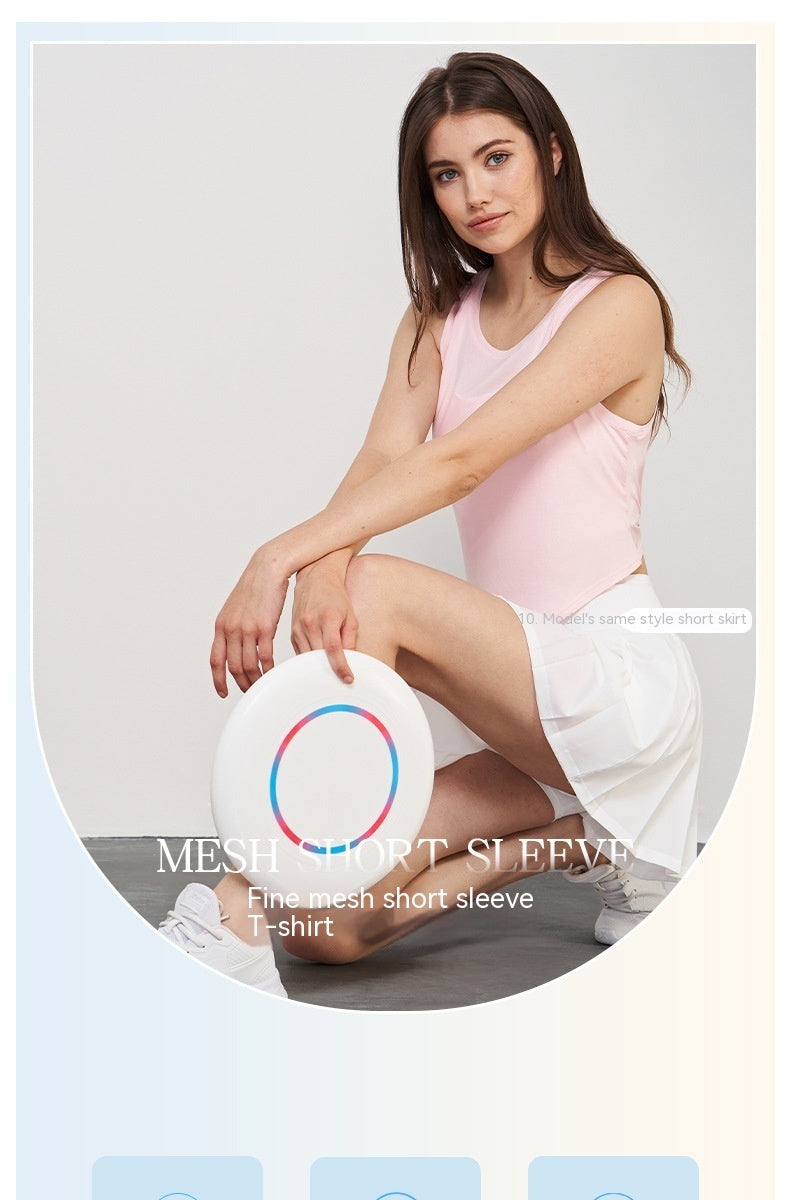 Fine Mesh Short-sleeved T-shirt Women's Split Back Sleeveless Cuff Smock Top