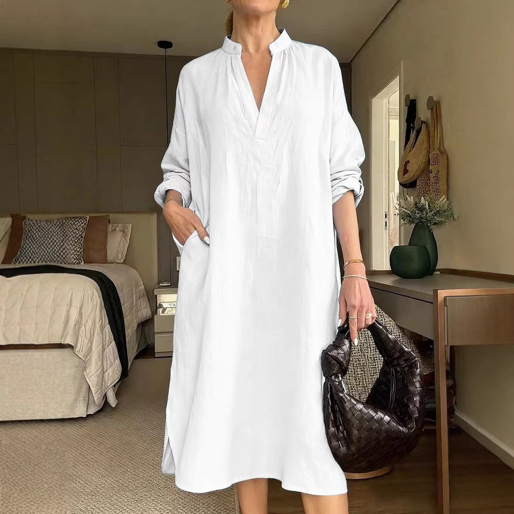 Womens Retro Cotton-Linen Long-Sleeve V-Neck Pocket Dress