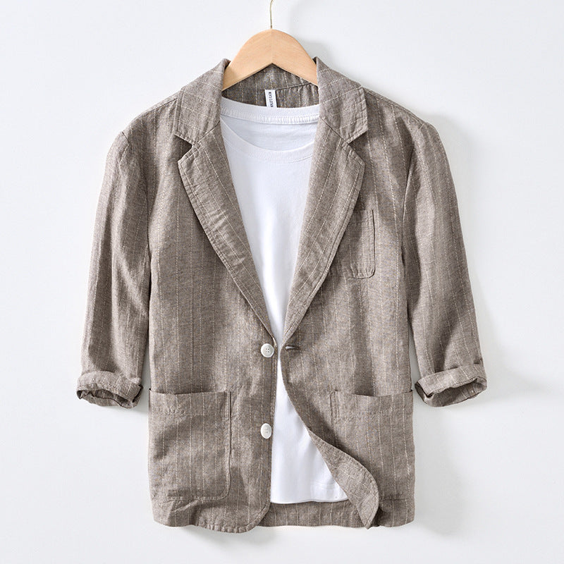 Sleeve Suit Jacket Men's Cotton And Linen Stripes Suit Jacket
