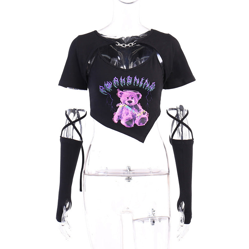 Personality Irregular Cropped Navel Bear Print Short Sleeves