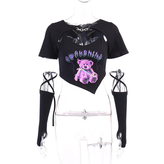 Personality Irregular Cropped Navel Bear Print Short Sleeves