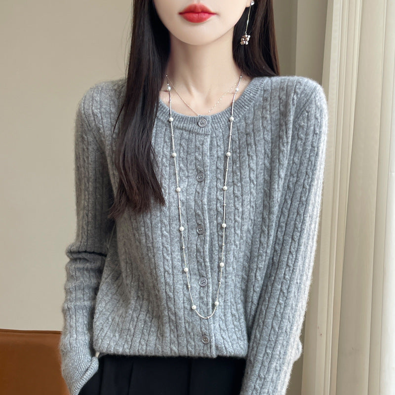 Women's Round Neck Wool Cardigan Twisted Wool Sweater