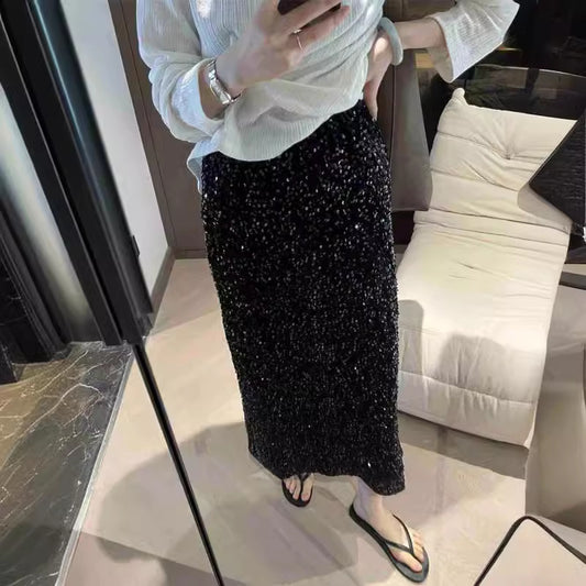 High Waist Sequined Straight Skirt