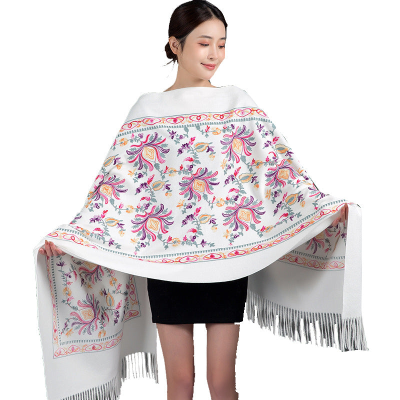 Thickened Tibetan-Nepalese Embroidered Cashmere-Style Scarf For Winter