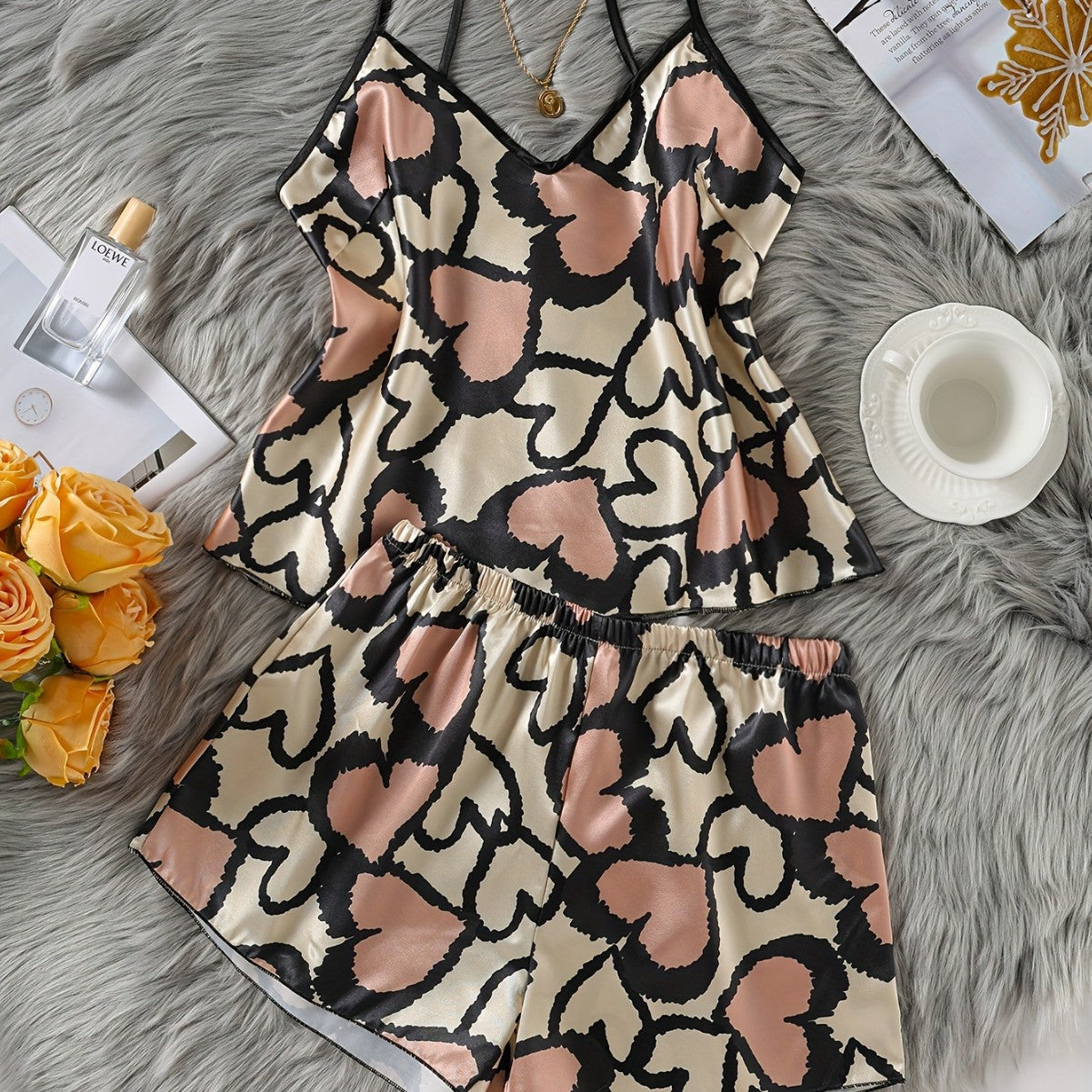 Fashionable Womens Sleepwear Set With Imitation Silk Camisole And Stylish Print