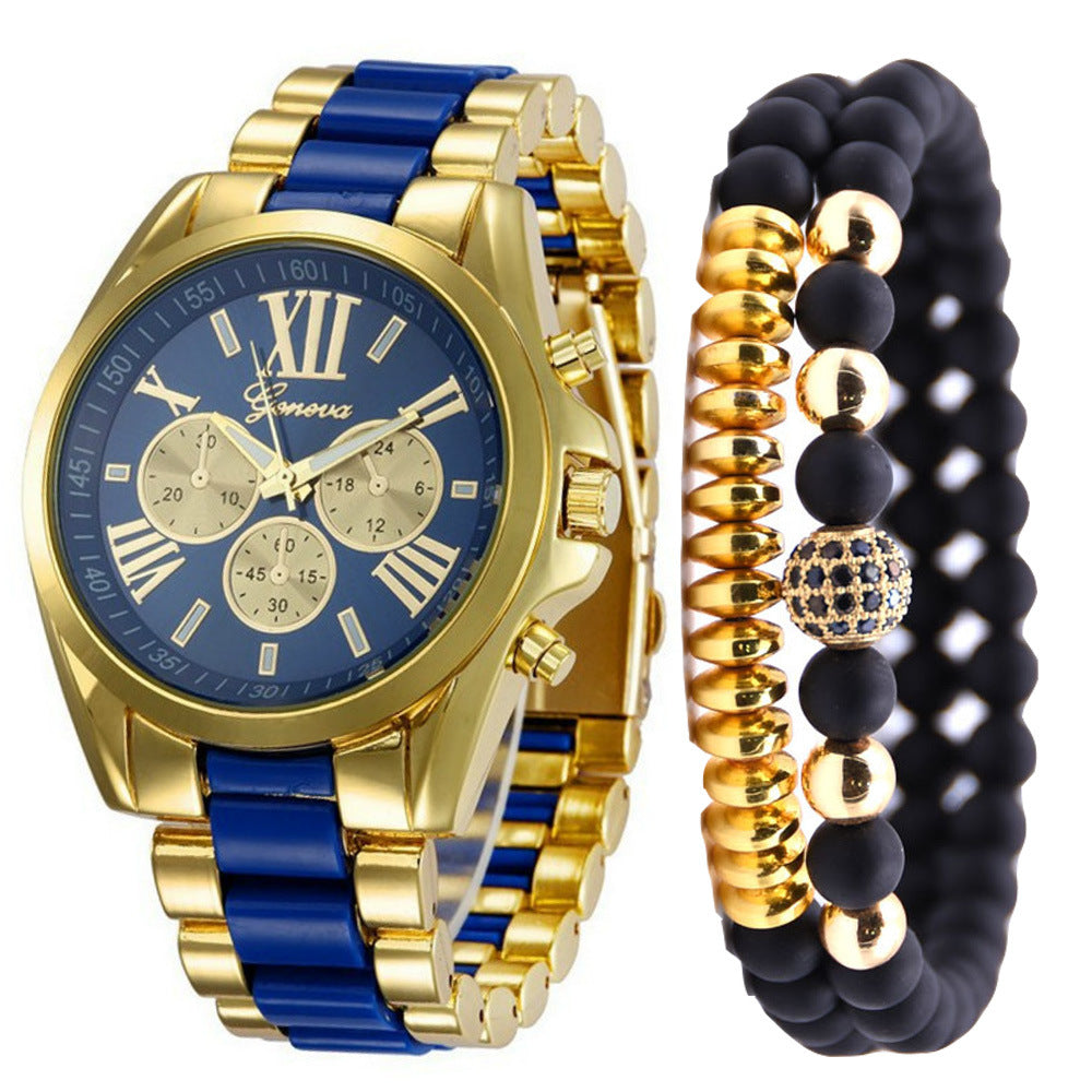 Fashionable Simple Fake Three Eyes Steel Band Quartz Watch Send Bracelet