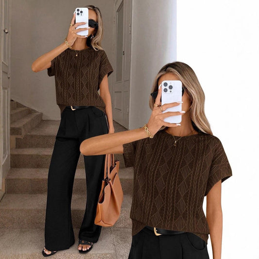 Casual Crew-neck Jacquard Short-sleeve T-shirt