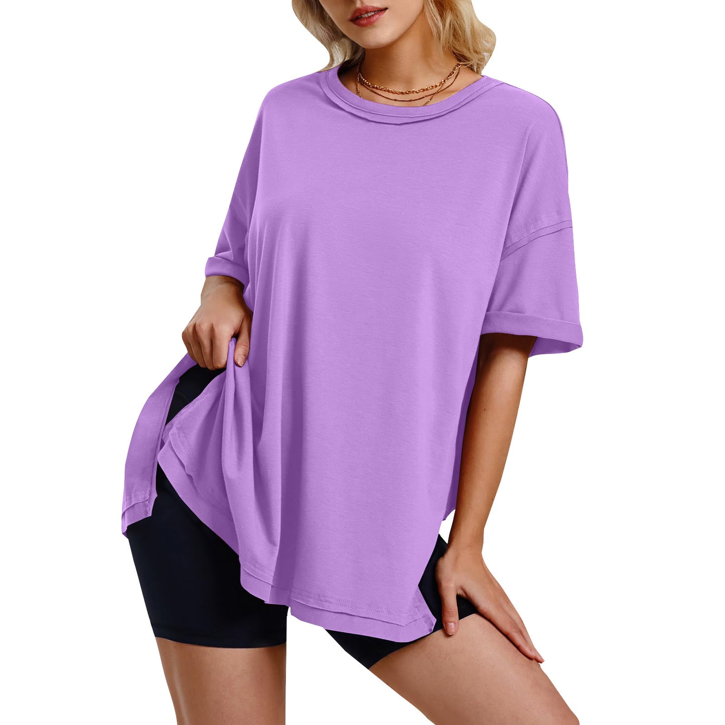 Women's Solid Color Cotton Round Neck Slits On Both Sides Loose T-shirt