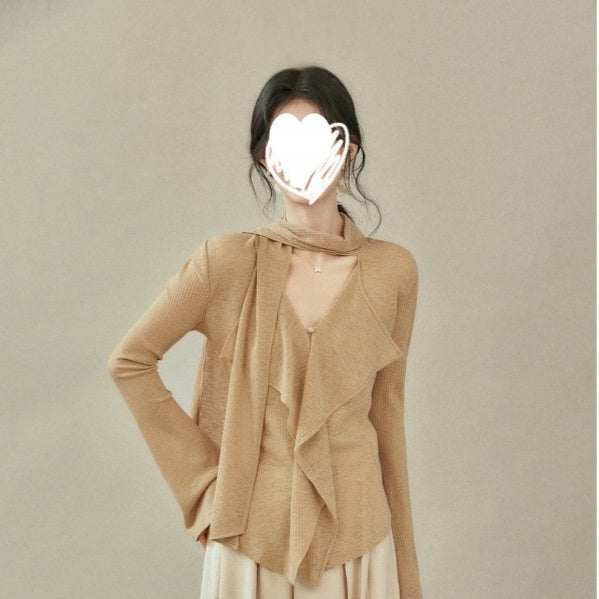 Design Sense Ribbon V-neck T-shirt Long-sleeved Top