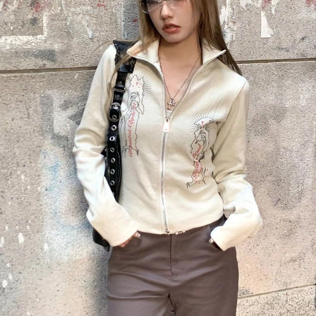 White Stand Collar Virgin Printed Sweater Women's Top