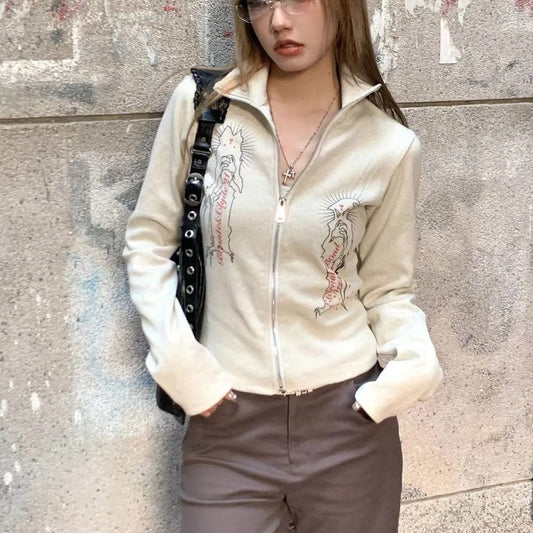 White Stand Collar Virgin Printed Sweater Women's Top